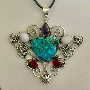 Unique Turquoise Rainbow Moonstone Amethyst Gemstone Heart Necklace Pendant New